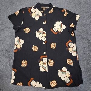 Harari Silk Blouse Japanese Print Mandarin Collar Black Short Sleeve Women's M